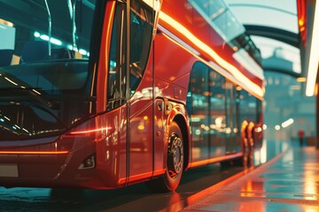 A red double decker bus parked at a bus stop. Can be used to depict public transportation or urban city life