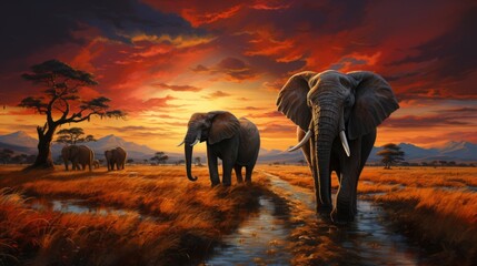 Fototapeta na wymiar Large group of African safari animals composited together in a scene of the grasslands of Kenya