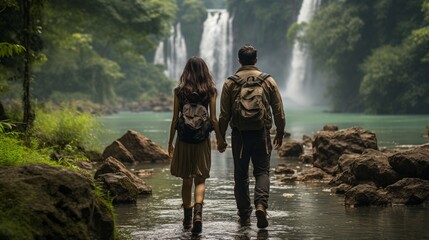 Northern Vietnam, the famous Ban Gioc Waterfall. Situated on the Vietnamese - Chinese boarder. A couple walks near the falls - obrazy, fototapety, plakaty