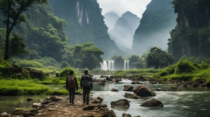 Northern Vietnam, the famous Ban Gioc Waterfall. Situated on the Vietnamese - Chinese boarder. A couple walks near the falls - obrazy, fototapety, plakaty