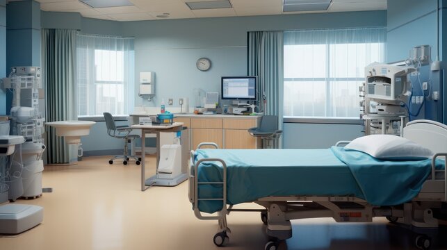 Interior of a specialist doctor's examination clinic. With patient bed and medical equipment.