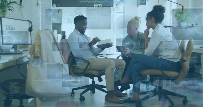 Animation of data processing over diverse colleagues discussing work in office