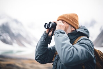 hiker looking through binoculars at distant glacial features