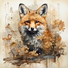 Junk journal page, theme (autumn), (autumn) colors, (young foxes), foliage, vintage paper with scratches and old texts, stains, watercolor style