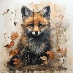 Junk journal page, theme (autumn), (autumn) colors, (young foxes), foliage, vintage paper with scratches and old texts, stains, watercolor style