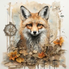 Junk journal page, theme (autumn), (autumn) colors, (young foxes), foliage, vintage paper with scratches and old texts, stains, watercolor style