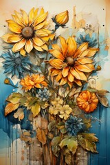 junk journal page, watercolor (sunflower) illustration, decoupage card stamperia, vivid colors, detailed and sharp, high-res