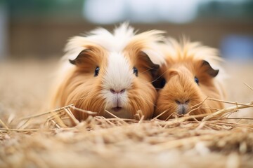 guinea pigs paw sticking out from hay - obrazy, fototapety, plakaty