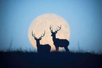 hartebeests silhouettes against a full moon at dusk