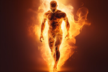 Athletic male figure surrounded by fire, concept of strength, energy