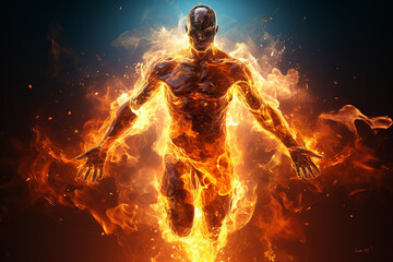 Athletic male figure surrounded by fire, concept of strength, energy