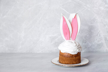 Beautiful stylish still life. Easter cake with rabbit (hare) ears, meringue, marshmallows, Easter...