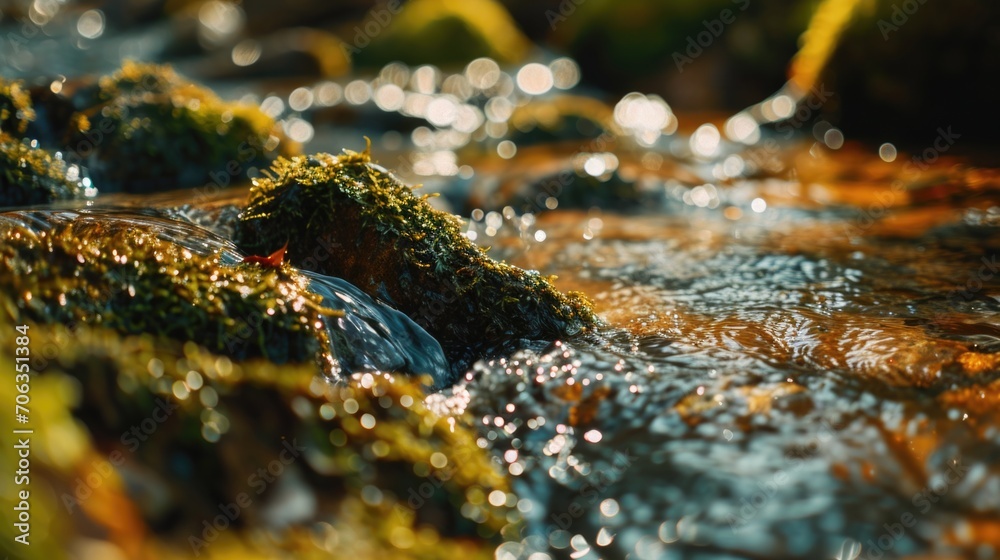 Poster a close-up view of a stream of water with moss growing on the rocks. this image captures the serene 