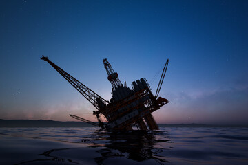 Majestic Twilight over Offshore Oil Drilling Platform in Ocean