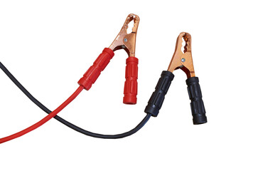 cable starter with crocodiles, cable with clips for starting the car starter on a white background