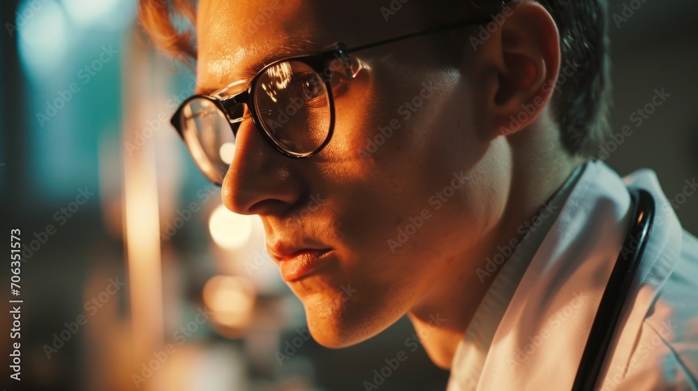 Poster a close-up view of a person wearing glasses. suitable for various professional and everyday life con