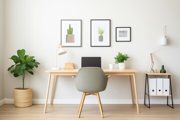 home office with minimalist desk and green plants