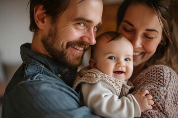 Happy man holding adorable baby near smiling wife