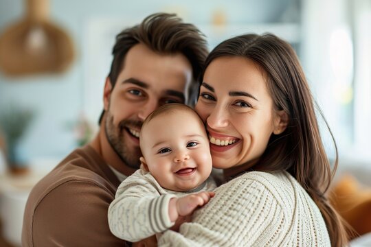 Happy man holding adorable baby near smiling wife