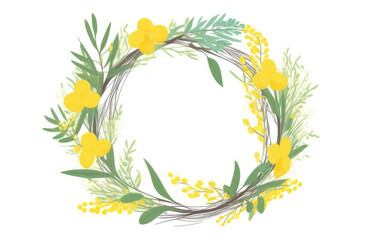 Easter wreath of willow branches and mimosa branches on a white background. Illustration watercolor style in pastel colors