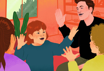 Happy family cheering, playing game together at home
