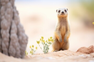 mongoose standing alert near desert plants - obrazy, fototapety, plakaty
