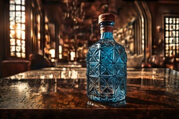 precious ornamented crystal blue liquor decanter - obrazy, fototapety, plakaty
