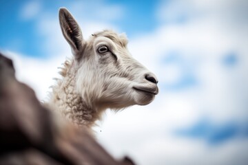 close-up of mountain goat on rocky ledge with sky background