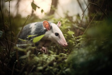 opossum foraging through underbrush after dusk