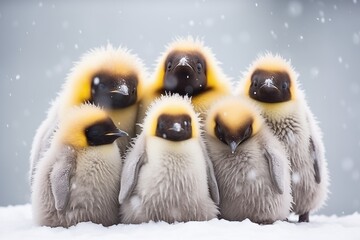 a group of emperor penguins huddled during a snowstorm - obrazy, fototapety, plakaty