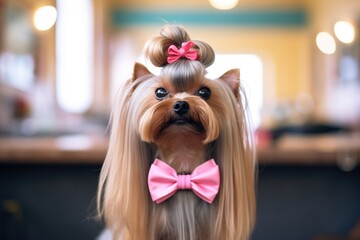 yorkshire terrier getting a bow tied after grooming - obrazy, fototapety, plakaty