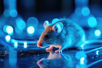 A mouse sitting on top of a table covered in blue lights. Laboratory animal, testing model for...