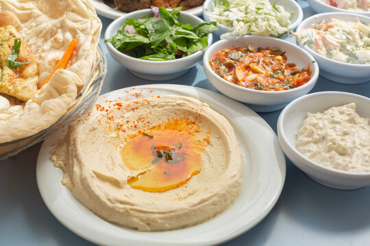 Still life Israeli meze hummus and appetizers
