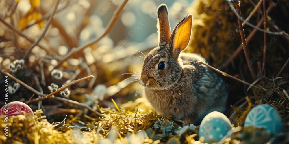 Poster a small rabbit sitting in the grass next to some eggs. this image can be used to depict easter celeb