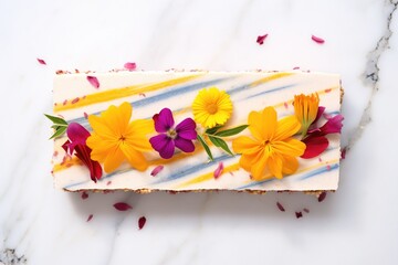 overhead shot of rectangle raw vegan cheesecake on marble with a floral garnish