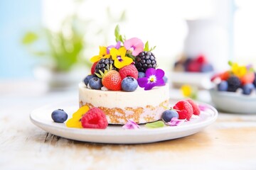 Obraz na płótnie Canvas sliced raw vegan cheesecake with mixed berries topping