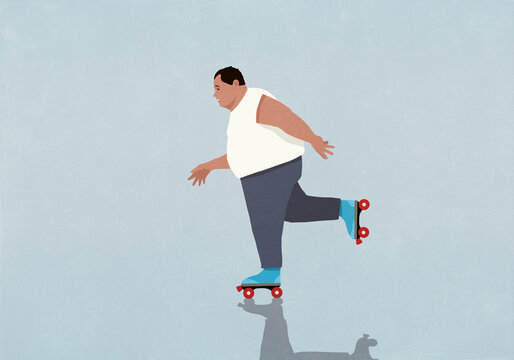 Overweight man roller skating on blue background
