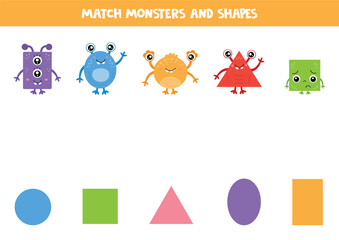 Match shapes and cute cartoon monsters. Worksheet for kids. © Milya Shaykh