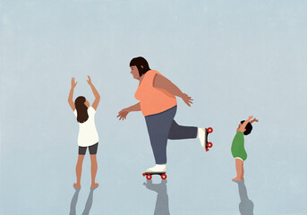 Kids cheering for overweight. mother roller skating on blue background