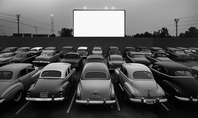 drive-in américain avec des voitures alignées sur plusieurs rangées, les occupants regardent un film sur un écran géant	
