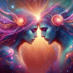 Twin flame couple. Soulmates. The concept of magical, esoteric, tantric, spiritual love. Connection between souls. Illustration for websites and much more. Created using generative ai tools.