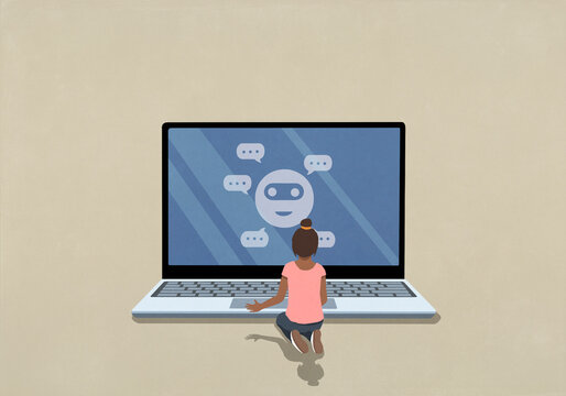 Girl video chatting at laptop screen
