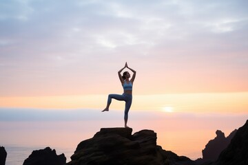 yoga pose silhouette on a cliff at dawn
