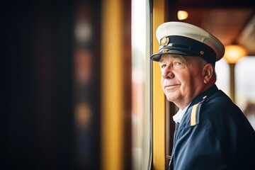 train conductor looking out from the cabin window - obrazy, fototapety, plakaty