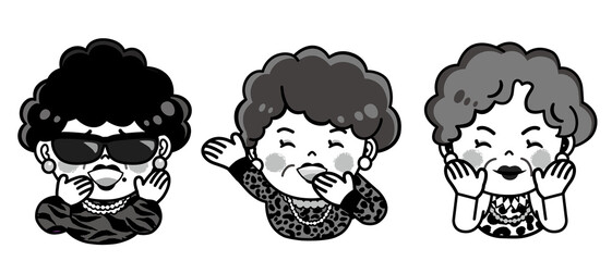 元気なおばちゃんの白黒イラスト