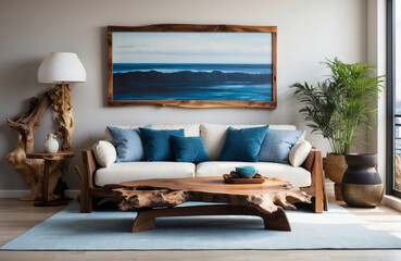 Live edge accent coffee table near white sofa with blue pillows against wall with big poster frame. Coastal home interior design of modern living room.