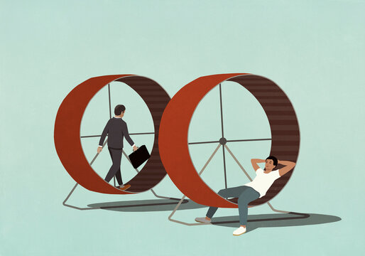 Businessman walking on hamster wheel next to man relaxing in hamster wheel
