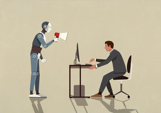 Robot with megaphone yelling at businessman working at computer
