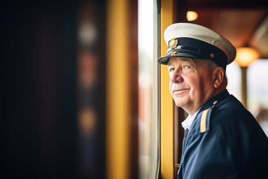 train conductor looking out from the cabin window
