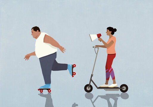 Wife with megaphone on scooter motivating overweight husband roller skating
